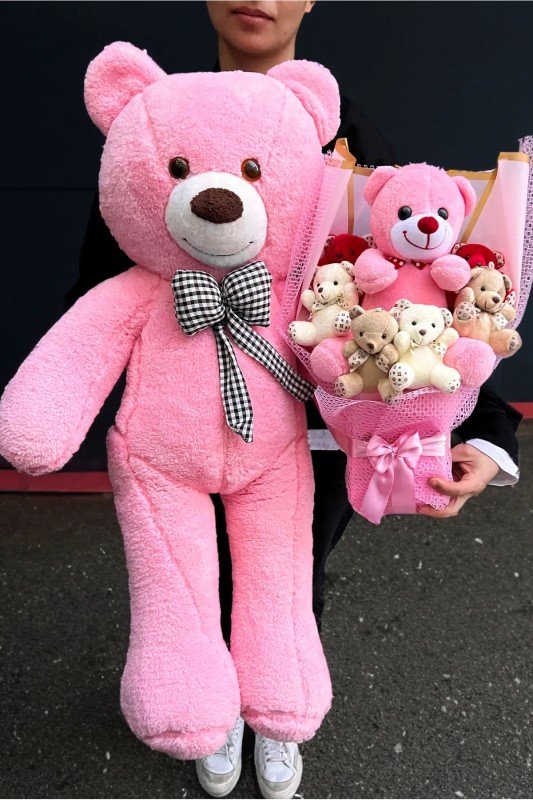 Hediye 90cm Pembe Ayıcık ve Büyük Ayıcıklı Ayıcık Buketi Peluş Buket - Product Image 1
