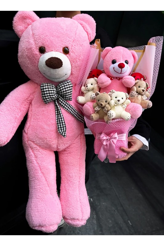 Hediye 90cm Pembe Ayıcık ve Büyük Ayıcıklı Ayıcık Buketi Peluş Buket